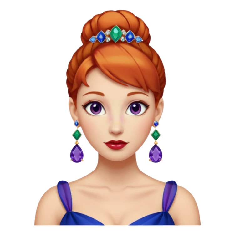 gem lover woman with gem accessories excessive amount very big gem earrings ginger bun hair and redbluediamonds sticker