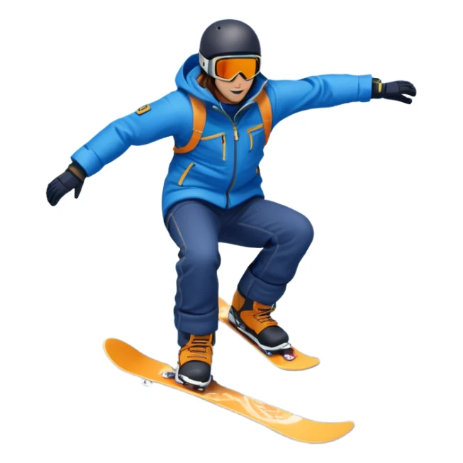 An icon showing a snowboarder performing an exciting jump on a snow-covered slope. The background features towering mountains, snow-covered trees, and a bright, clear sky. Transparent background highlights the speed, agility, and thrill of snowboarding. sticker