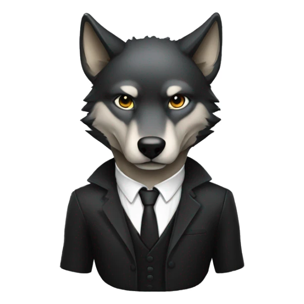 Wolf with a black hood and a suit sticker
