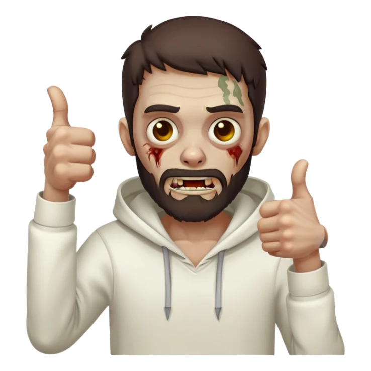 zombie with thumbs up gesture wearing plain white hoodie with no designs, dark brown hair and short full beard sticker