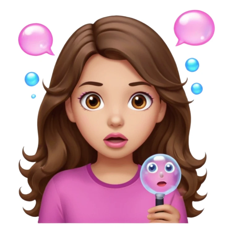 girl with long wavy brown hair, brown eyes, light to medium complexion, in a pink shirt, pink lips, long lashes, surprised, wow bubble sticker