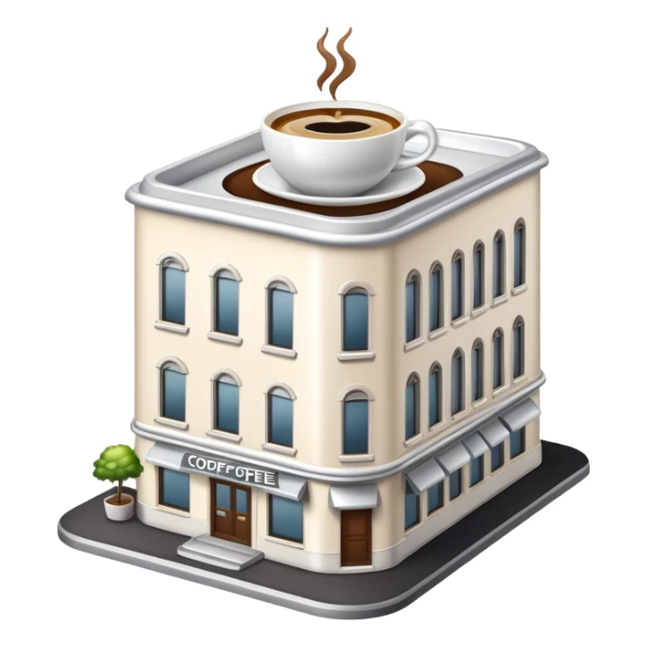 generate realistic detailed building with coffee cup on the top in 3d style sticker