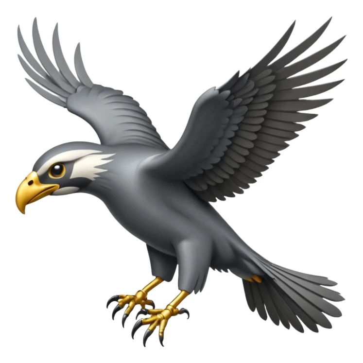 Emoji-style icon of a large metallic predatory bird flying, sharp wings, steel texture, dramatic pose, no gold no yellow sticker