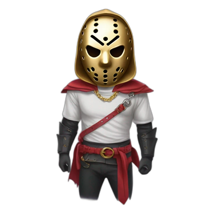 Hombre con máscara de Jason Vorhees, una cadena de oro, y un suéter de en París Saint Germain sticker