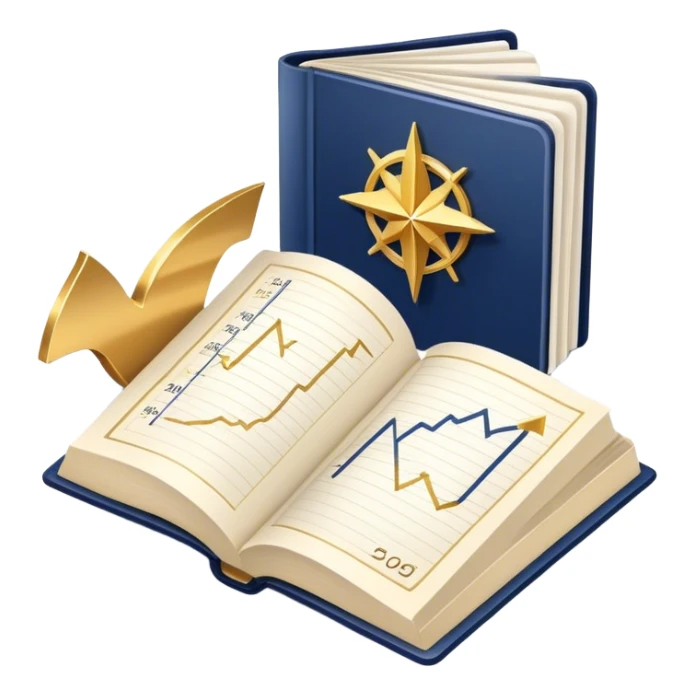 A navy blue productivity book with gold details, chart with upward trend aura, radiating productivity, strategy, and success in motion- sticker