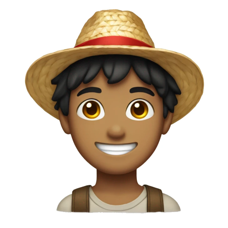 black haired, light skinned smiling, boy wearing a straw hat and a red siglet sticker