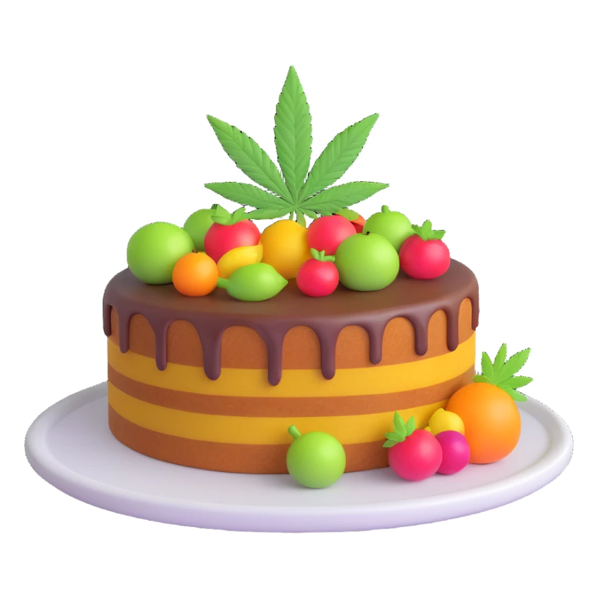 colorful frosted fruit cake with cannabis leaf on a plate sticker