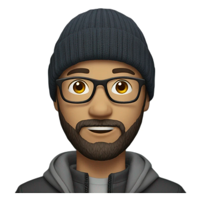 young dark-haired white man with a beanie, glasses and beard sticker