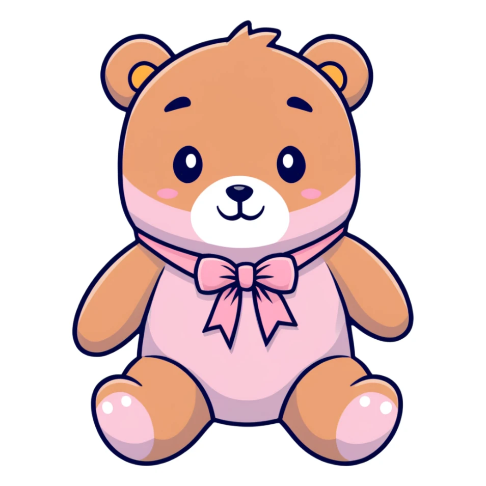 Stuffed teddy bear with light pink ribbon tied in a bow around its neck sticker