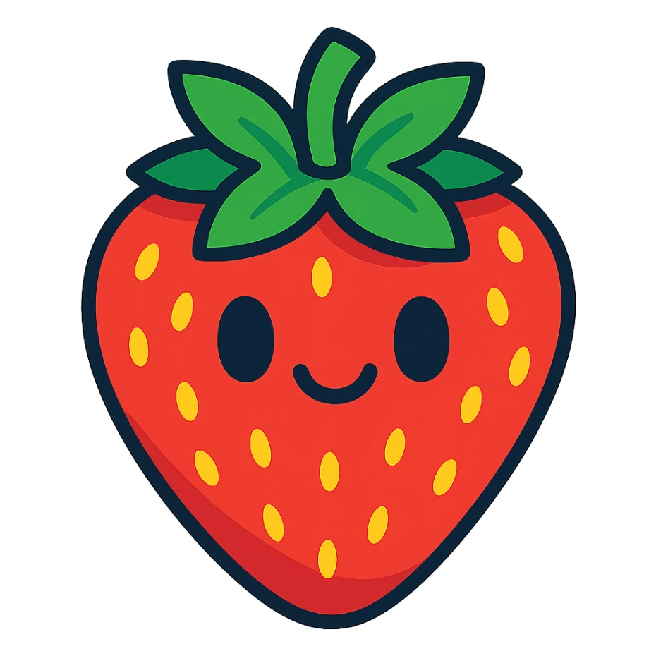 red strawberry, cartoon style, with a cute smile, transparent background sticker