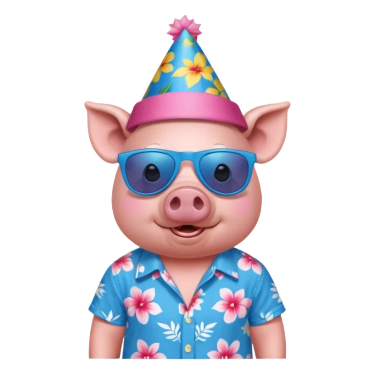 Pig with blue aloha shirt, birthday hat, sunglasses sticker