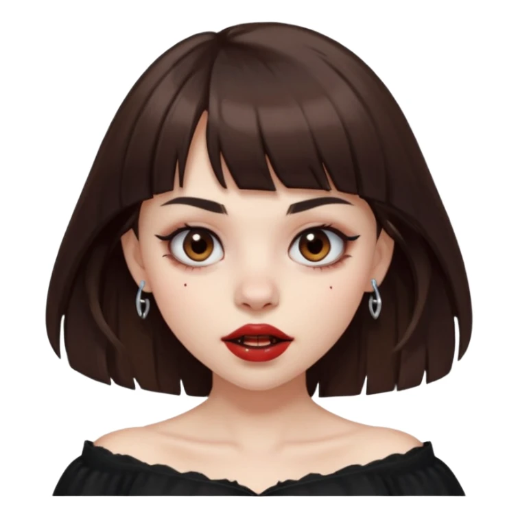 pale girl, round full lips, big brown eyes, medium brown hair with bangs, nose and eyebrow piercing, she has vampire fangs and is wearing a off shoulder black shirt sticker
