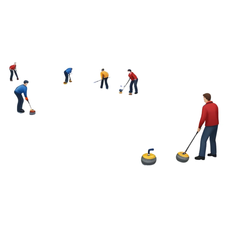An icon showing a curling match on an indoor ice stadium, with a polished curling stone gliding toward the target and players sweeping. Spectators watch from stands, and flags hang above the rink. Transparent background highlights strategy and focus in the sport of curling. sticker