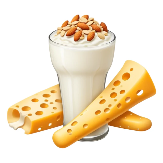 A glowing white bone surrounded by calcium-rich foods: shredded cheese, natural yogurt, sesame seeds and almonds beside a single bone sticker