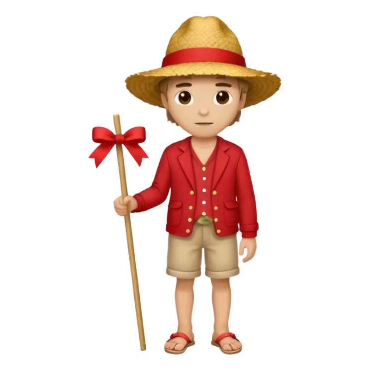 Make a guy with a straw hat and the hat has a red rebin and a red jacket and sandals and a x on he's chest sticker