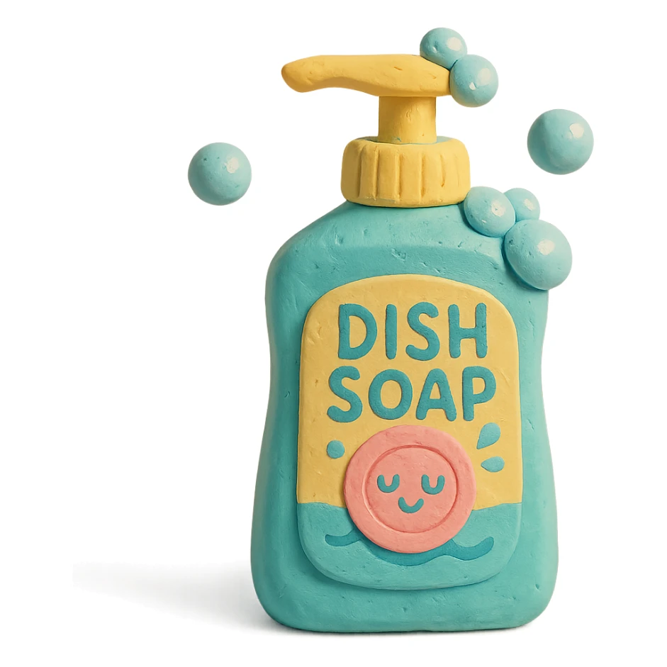 dish soap bottle in claymation style with bubbles and a playful label, pastel palette sticker