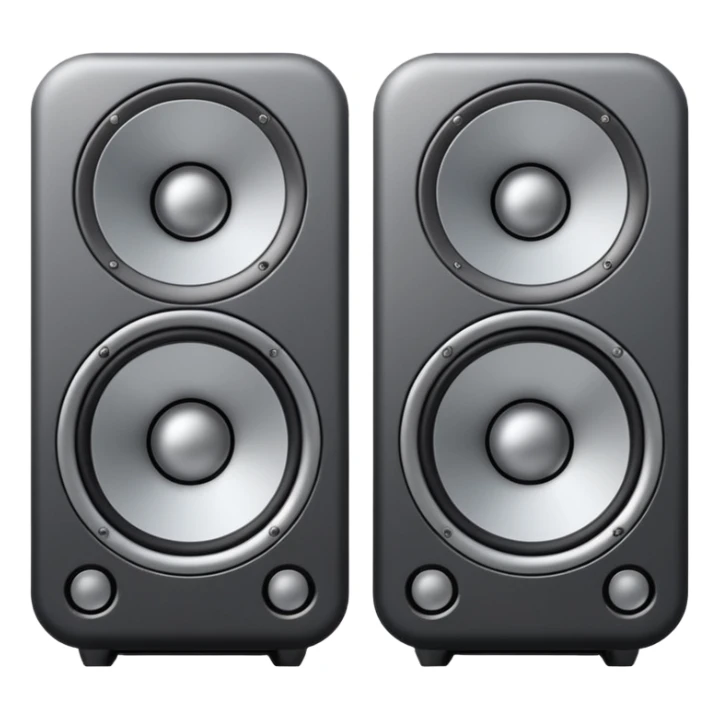 Minimal emoji icon of a modern metallic speakers, front view, detailed geometry, dark metallic body, subtle highlights, isolated sticker