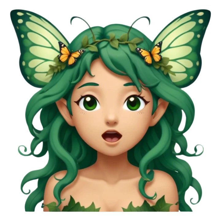 Cinematic Realistic Forest Nymph Fairy Portrait, head tilted slightly with a dramatic, wide-open yawn, revealing a tender, relaxed visage with finely detailed tanned skin and flowing, vine-adorned dark green hair gently framing her face. Her sleepy eyes exude a serene, dreamlike quality as soft natural sunlight filters through the canopy, showing her large butterfly wings from her back capturing the essence of a drowsy yet captivating forest nymph drifting into peaceful slumber. sticker