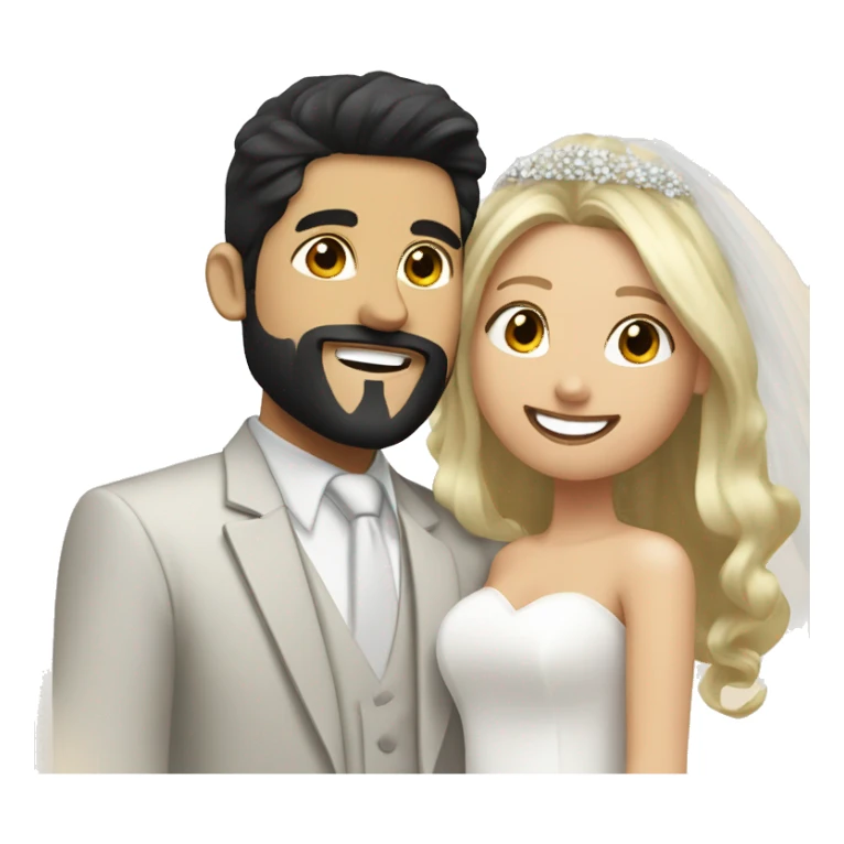 Wedding couple with Handsome middle eastern man with goatee and black hair and big smile with bride who has blonde hair , hair down , and beautiful  sticker