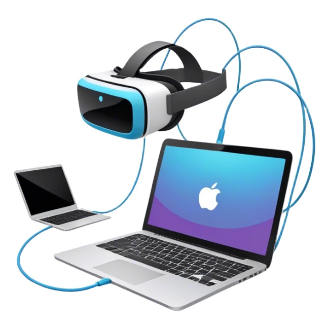 An emoji of VR/AR technology. VR headset connected by a wire to a laptop, symbolizing the development process. Floating 3D models or virtual objects to indicate interaction with the technology. Use modern, tech-inspired colors. Do not include any emojis or smiley faces. background transparent. sticker