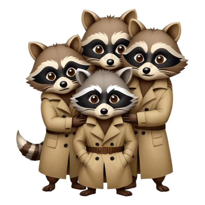 three raccoons stacked on top of each other wearing a trench coat sticker