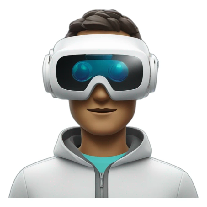 Generate an emoji of a guy wearing apple vision pro virtual reality glasses in a futuristic setting sticker