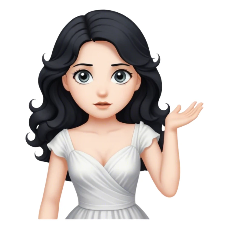 She has long, wavy black hair that frames her face elegantly. Her eyes are big and gray, adding to her captivating appearance. She is wearing a white dress that complements her fair complexion. She is striking a pose slightly diagonally, enhancing her graceful look. sticker