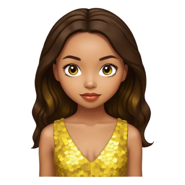 Logan Browning with long dark brown hair, yellow sequin dress sticker