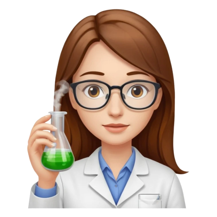 Crie emojis de uma mulher de cabelos longos castanhos farmacêutica mexendo com becker sticker