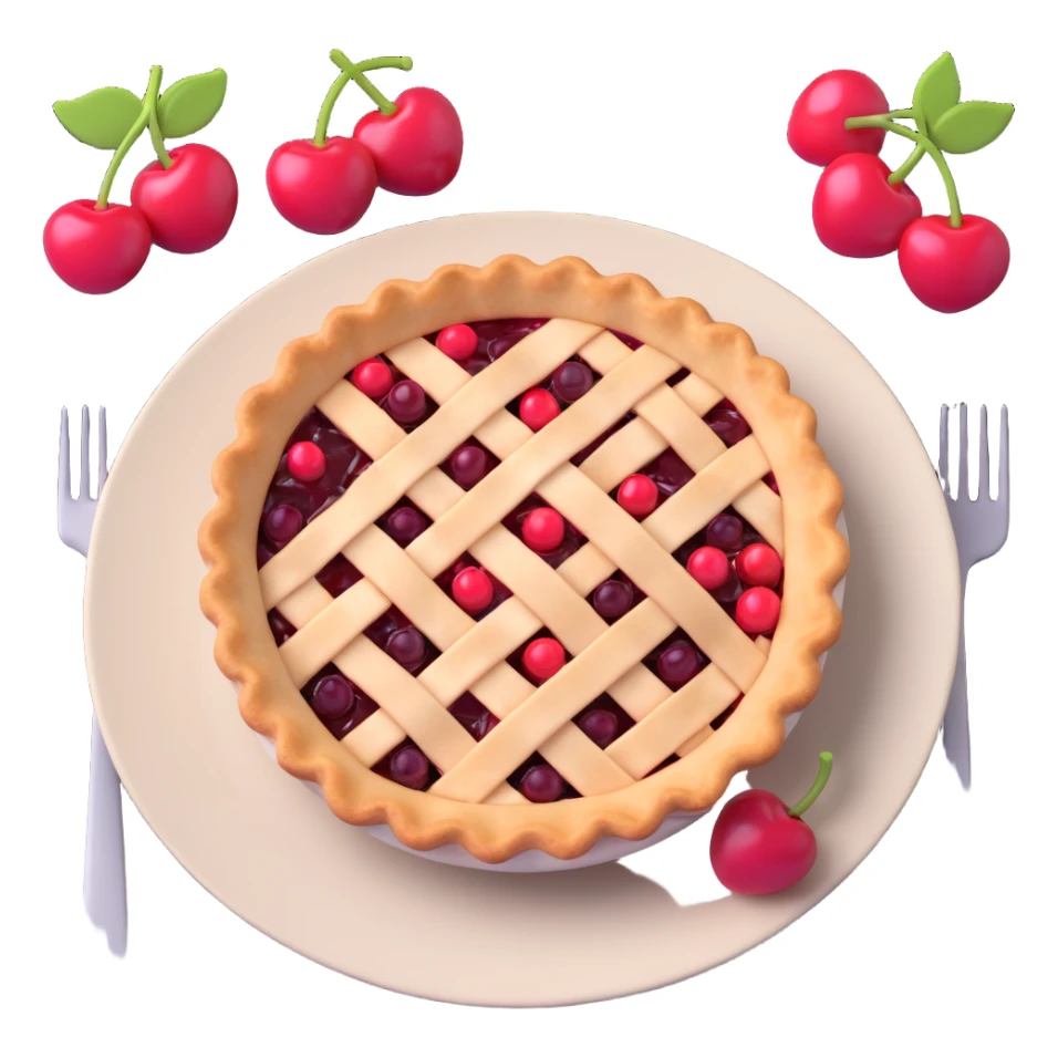 Enhance the 3D iOS 18 emoji style cherry pie image by adding more volume and depth. Improve shading, highlights, and shadows to make the pie, cherries, plate, and fork appear more dimensional and realistic, while preserving the soft, glossy 3D emoji look and the checkered tablecloth background. sticker