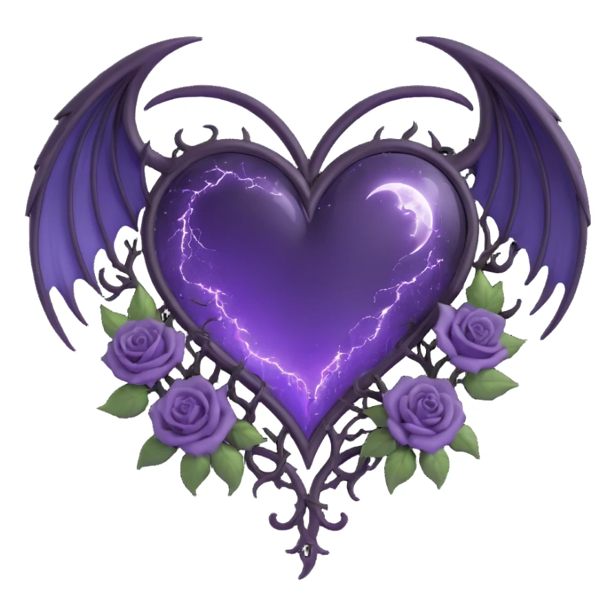gothic heart purple glass crescent moon black roses devil wings torn edges swirling stardust branching lightning misty rain fractured glass sticker
