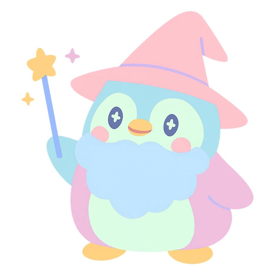 playful style chubby penguin wizard with a big beard and pointy hat sticker