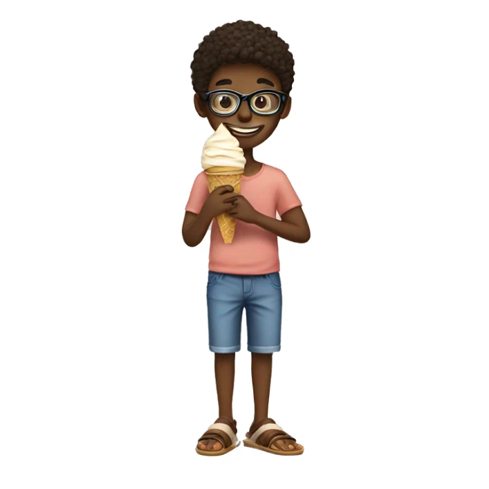 A boy eating ice cream with sandals with a glasses on his face sticker