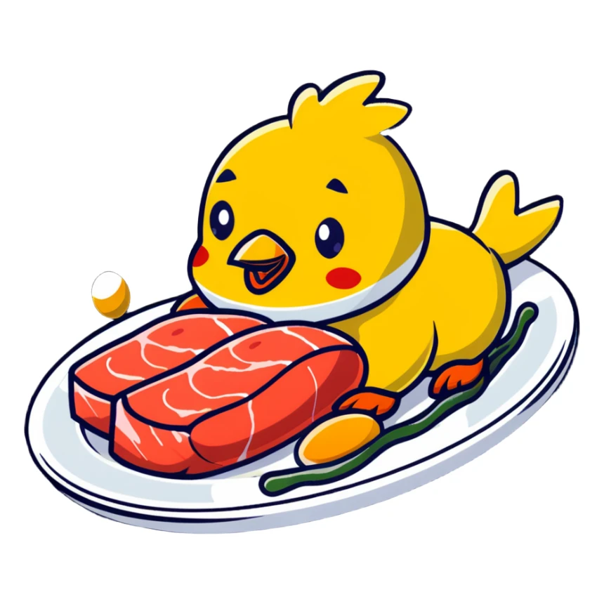 Cute sticker of a floating plate with a large chicken breast as the main focus, a red meat steak, smaller salmon fillet, and tiny egg, orbiting a DNA symbol, with energy flowing to a strong muscular cartoon figure sticker