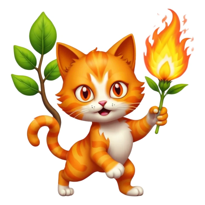 A crazy cat with eyes on fire holding a sprout from a tree and running towards us sticker