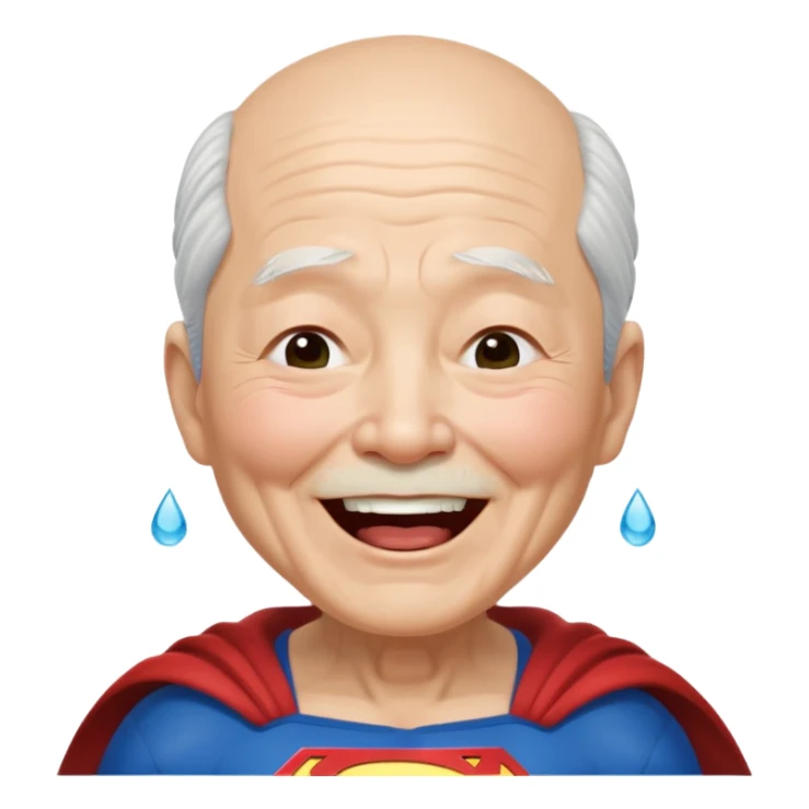 Chinese elderly dressed as Superman laughing exeedingly with closed eyes and tear drops sticker