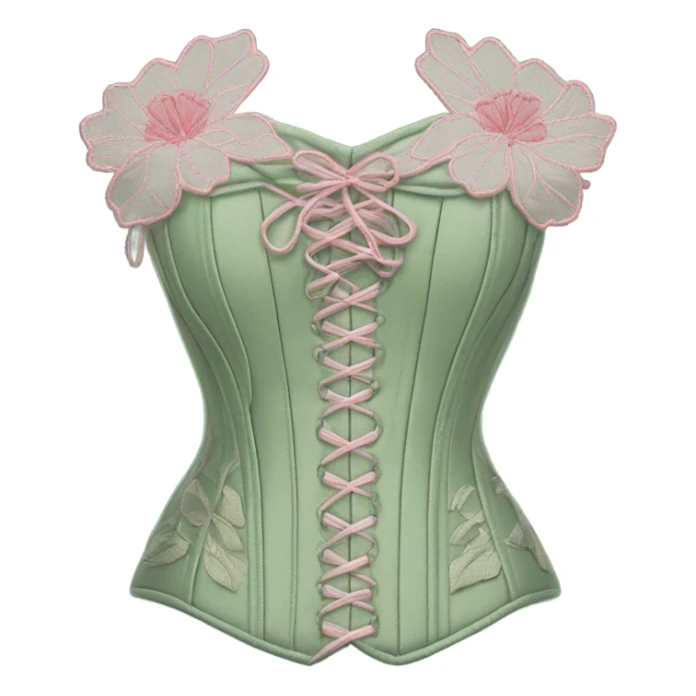 Sage green corset with pink flower embroidery, isolated sticker