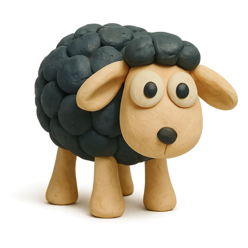 cute sheep with black wool and big eyes, soft pastel colors, hand-molded details, claymation style sticker