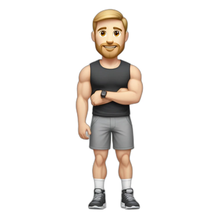 Full height Pale skinned fit man With biceps, Realistic eyes and mouth, light brown hair and stubble In dark gray sleeveless mike, black oversize sports shorts, watch and white sneakers. sticker
