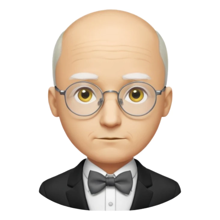 Yellow-skinned animated man. Bald on top with thin gray hair at the sides. Large round white eyes with black pupils. Wears round glasses. Pointed nose. Visible suit lapels, white shirt collar, and bow tie at the neck. sticker