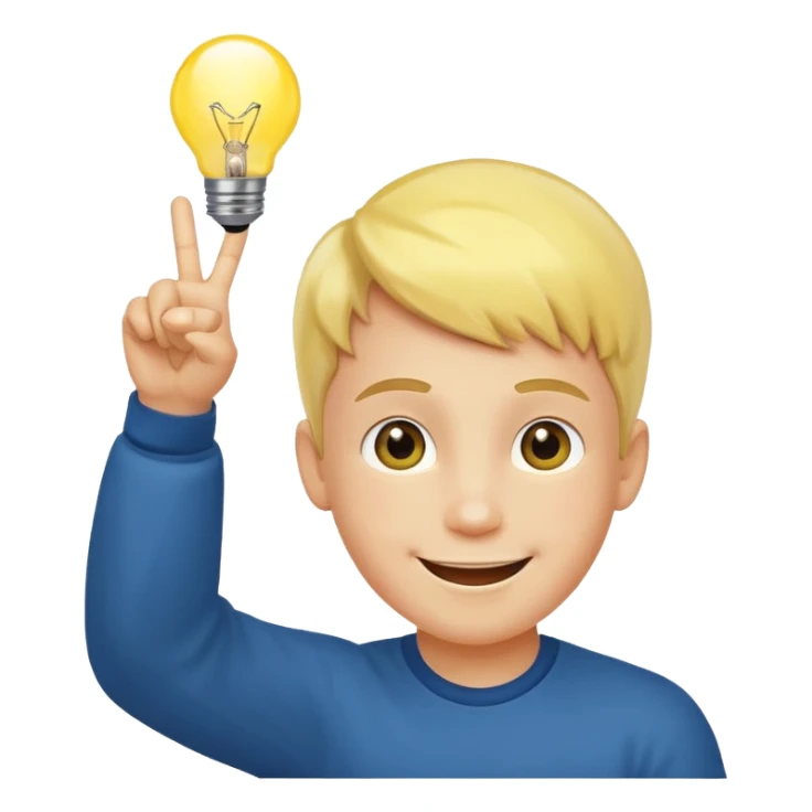 A boy with smily face with victory sign and bulb is glowing above face sticker