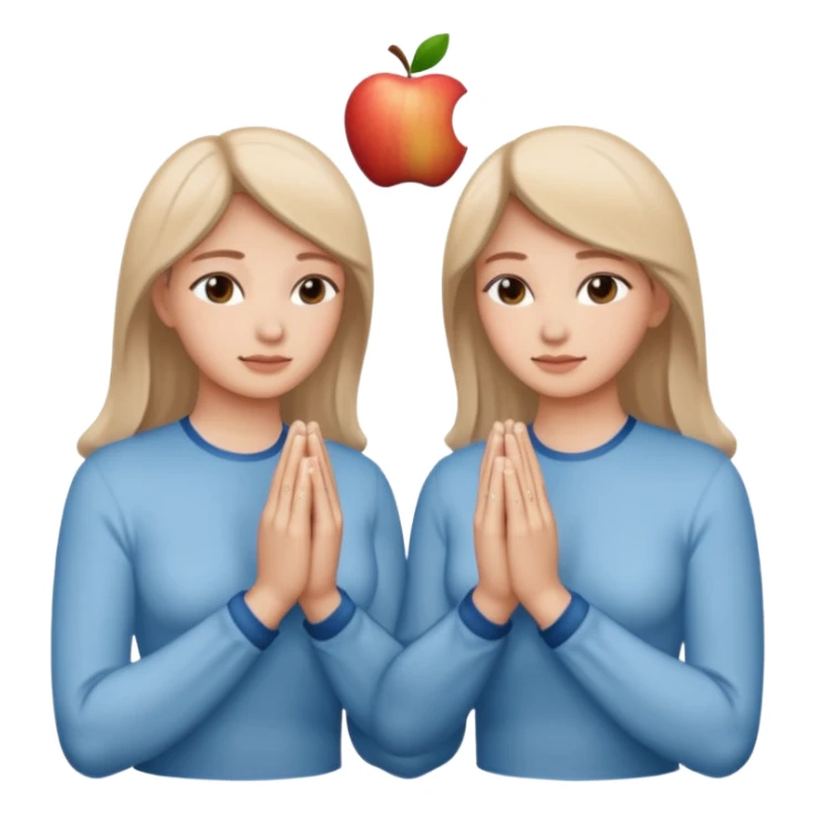 Two hands in prayer pose, only woman's hands, muted blue outline, beige fill, soft glow, apple emoji style, PNG, transparent background sticker