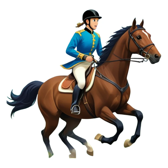 An icon showcasing a blue sky, distant mountains and a vibrant landscape. a majestic horse and rider in full gallop across a lush green field. The rider wears traditional gear, while the horse leaps with grace and power.  sticker
