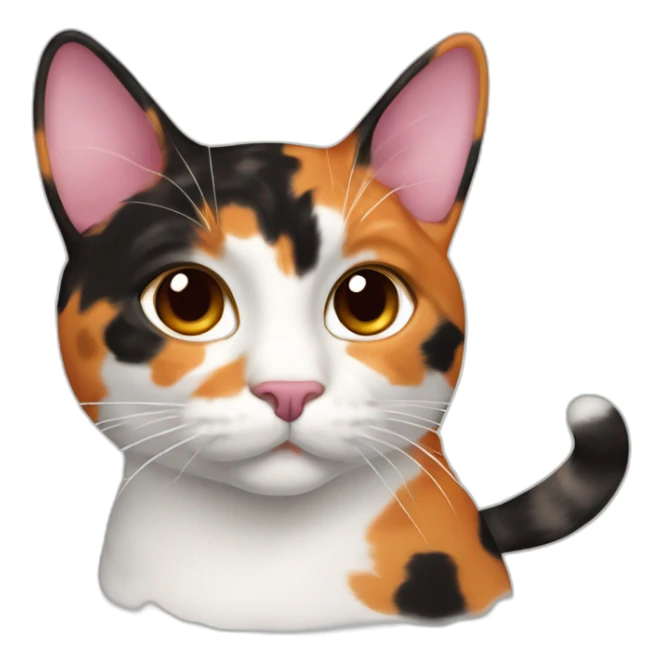Calico cat with orange, brown and black pattern on its face but it’s mostly white. Cat has pink nose with brown dot sticker