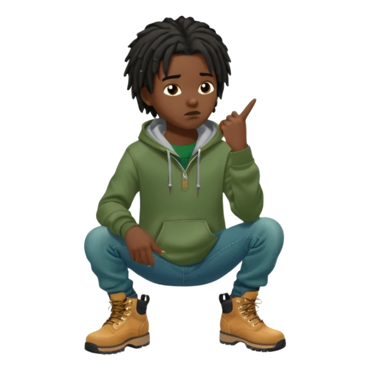 African American boy with short black dreadlocks wearing a green Nike hoodie wearing denim skinny jeans and timberland boots with finger point to his head indicating his thinking and intelligence sticker