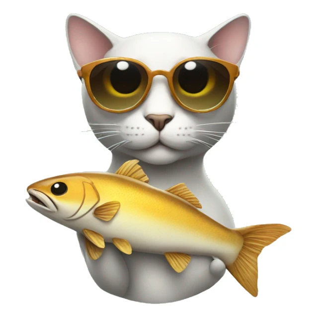 cat wearing sunglasses holding up a big fish sticker