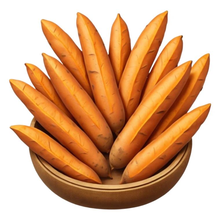 realistic sweet potato fries, two or three, thick, orange inside, golden-brown edges, natural texture, curves, rustic, warm, crispy outside, soft inside, no plate, dip, or faces, clean 3D, soft lighting, transparent background, emoji scale sticker