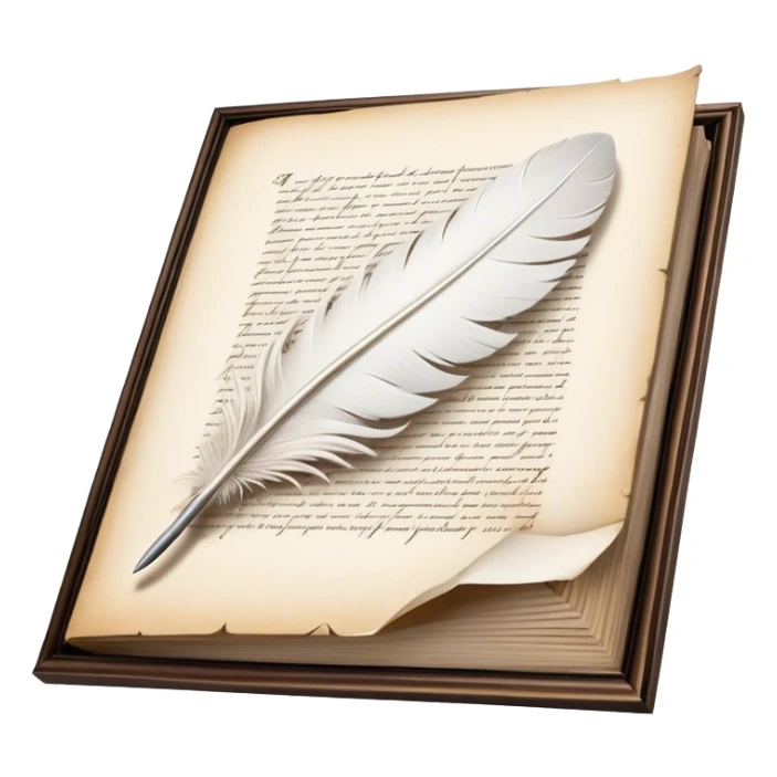 Create a poetic and elegant emoji representing poetry. The design should feature several, gracefully flying pages with short, poetic columns written on them. A white feather quill should be depicted writing on one of the pages, with ink flowing smoothly. The pages should have a soft, antique look, with subtle details to convey the delicate nature of poetry. Use soft, light colors with a romantic, airy feel. Make the background transparent. sticker