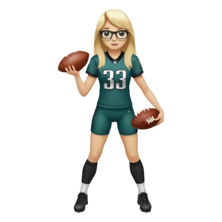 full length women wearing eagles uniform, long blonde hair, straight bangs, black glasses, holding football, number 33 sticker
