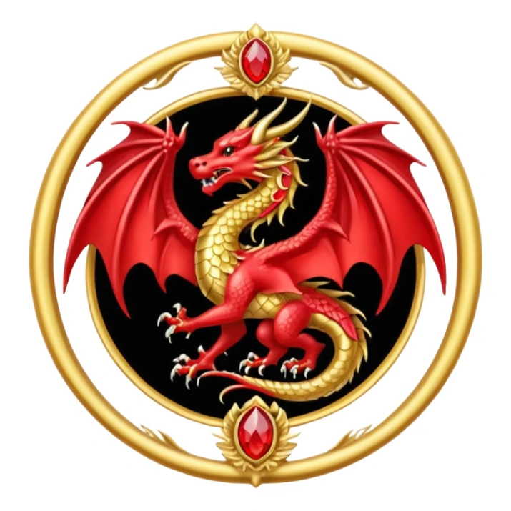 Golden dragon with wings crest / brosch in a circle with red gems and no background sticker